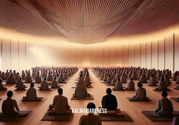collective meditations _ Image: Inside a spacious meditation hall, individuals are seated in perfect alignment, their postures upright, and their faces serene, showcasing a deep sense of collective focus.Image description: The environment exudes harmony and unity as participants share a profound sense of inner peace, fostering a powerful sense of togetherness.