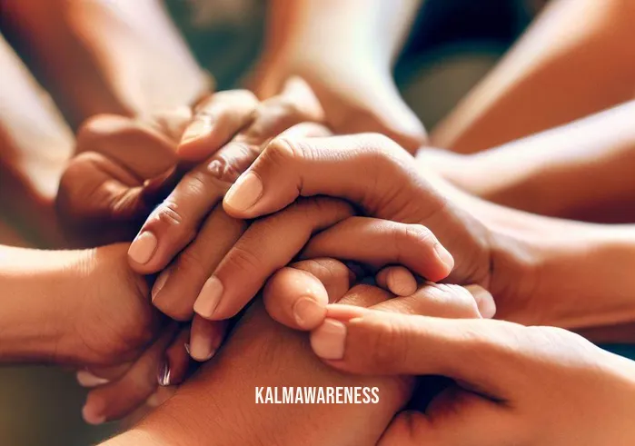collective meditations _ Image: A close-up of intertwined hands in a circle, representing the supportive bonds formed through collective meditation, with closed eyes and smiles that convey profound connections.Image description: Hands clasp firmly, radiating warmth and a shared understanding as participants experience a profound sense of resolution and connection in their collective meditative journey.