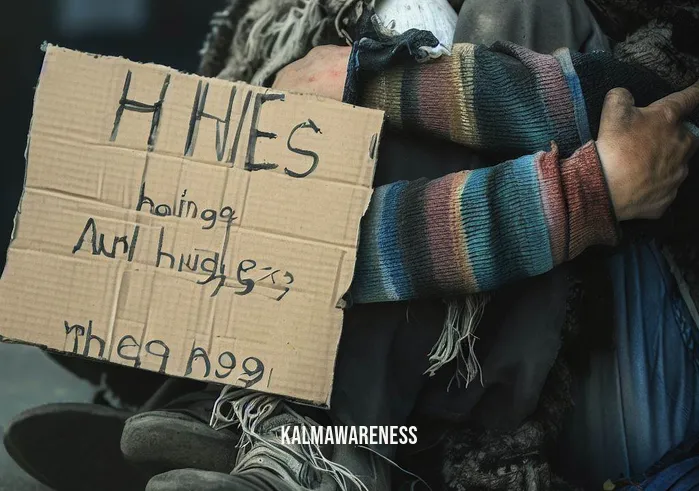 compassionate smile _ Image: A close-up of a homeless person sitting on a cold, grimy sidewalk, wearing tattered clothes, with a cardboard sign asking for help.Image description: A homeless individual huddles against the cold, holding a sign that reads, "Hungry and Homeless. Anything helps." They appear lonely and in need.