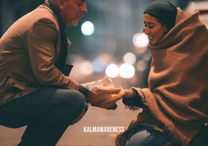 compassionate smile _ Image: A compassionate passerby crouches down to offer food and a warm blanket to the homeless person, their face lighting up with kindness.Image description: A stranger extends a hand of warmth and humanity, offering food and a blanket to the homeless person, their compassionate smile breaking the isolation.