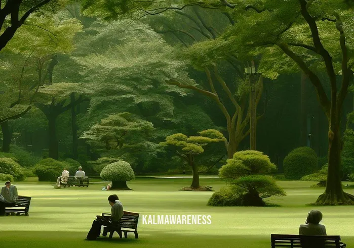 concentrative meditation _ Image: A serene park with a few individuals sitting on park benches, but their faces still show signs of distraction and restlessness.Image description: A peaceful park setting, but individuals seem preoccupied, unable to find inner calm amid the tranquil surroundings.