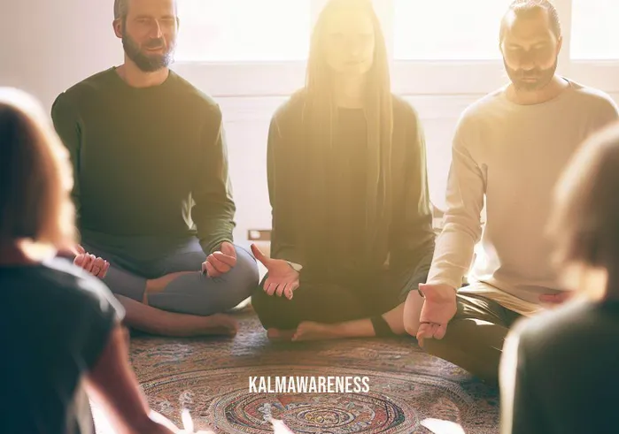 concentrative meditation _ Image: A group of people sitting in a circle in a quiet, sunlit room, their eyes closed, appearing more relaxed and focused.Image description: A small group engaged in a concentrative meditation session, beginning to find inner peace and tranquility together.