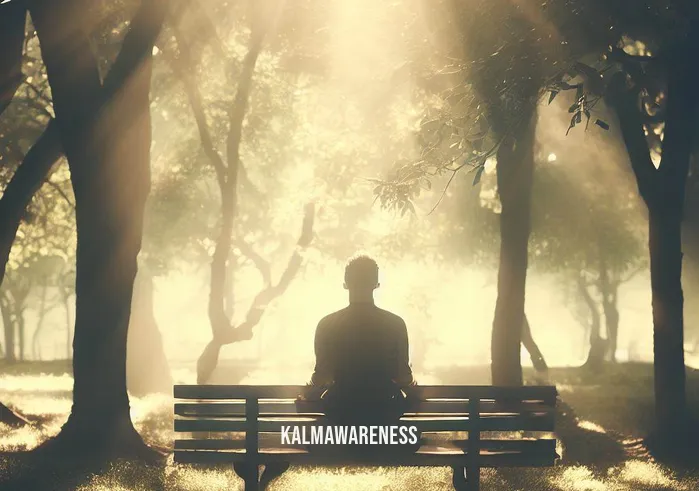 conception meditation _ Image: A serene park, sunlight filtering through trees, a person sitting cross-legged on a bench, eyes closed in contemplation.Image description: Amidst nature