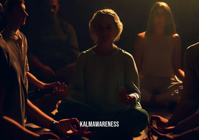 conception meditation _ Image: A meditation group in a dimly lit studio, individuals sitting in a circle, eyes closed, palms on laps.Image description: In a supportive group setting, people gather to meditate, fostering a sense of community.