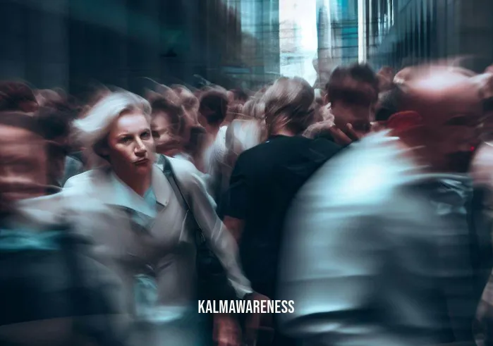 confidence meditation _ Image: A crowded and chaotic city street with people rushing past, looking stressed and anxious.Image description: A bustling urban scene filled with hurried pedestrians, all appearing tense and overwhelmed.