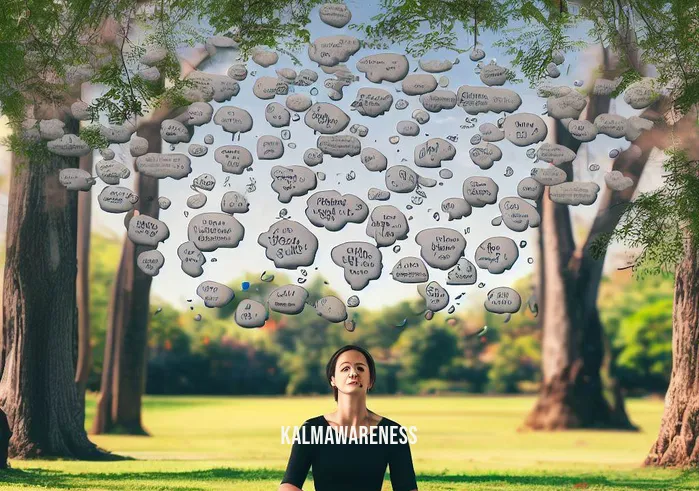 confidence meditation _ Image: A serene park setting with a woman sitting cross-legged under a tree, surrounded by cluttered thoughts represented by floating text bubbles.Image description: A peaceful park where a woman meditates beneath a tree, surrounded by thought bubbles filled with chaotic text.
