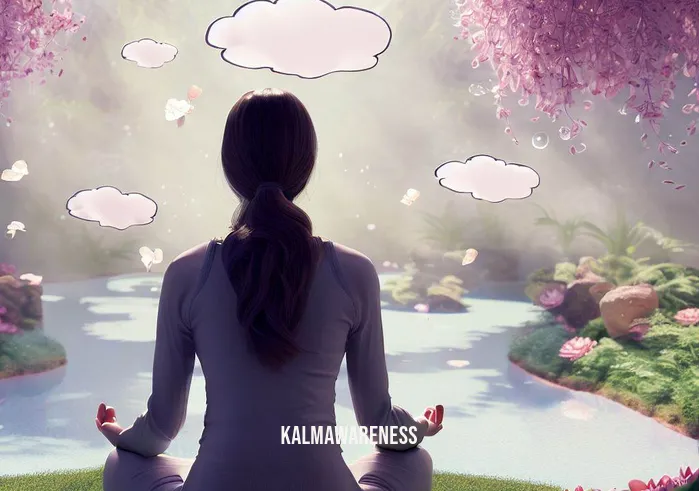 confidence meditation _ Image: The woman now sits in a tranquil meditation space, surrounded by a soothing environment with blooming flowers, a clear pond, and a clear mind, represented by empty thought bubbles.Image description: The woman meditates in a serene space filled with blooming flowers, a peaceful pond, and thought bubbles now completely empty.