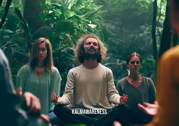 connect to higher self meditation _ Image: The person is seen practicing mindfulness with a group in a lush forest, surrounded by supportive friends.Image description: They
