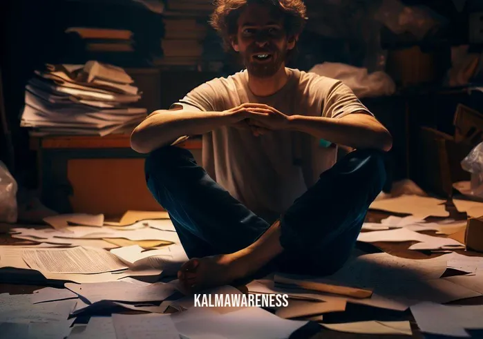 conscious meditation _ Image: A person sitting cross-legged in a cluttered, messy room with papers scattered everywhere. Their face shows signs of frustration and overwhelm as they try to concentrate.Image description: A cluttered room with papers strewn about. A person sits, frustrated, attempting to find focus amidst the mess.