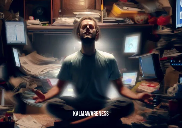 consciousness meditation _ Image: A cluttered, chaotic room with a person surrounded by distractions, staring at a computer screen.Image description: In a messy, disorganized room, a person sits amidst clutter, their face displaying frustration as they attempt to meditate with a computer screen distracting them.