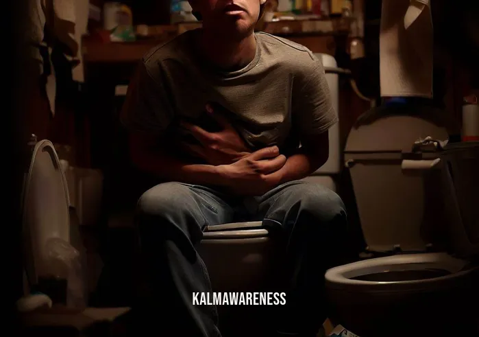 constipation meditation _ Image: A person sits on a cramped, cluttered toilet with a pained expression, gripping their stomach.Image description: In a dimly lit bathroom, a person wearing casual clothing sits on a cluttered toilet seat. Their face contorts with discomfort as they clutch their bloated stomach, clearly suffering from constipation.
