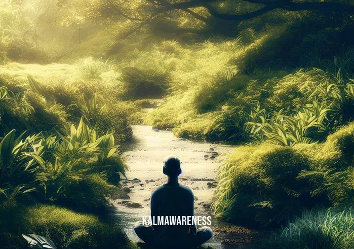 constipation meditation _ Image: A serene outdoor scene with a person meditating peacefully beside a tranquil stream surrounded by lush greenery.Image description: Amidst serene nature, a person sits cross-legged on a lush, sun-dappled meadow beside a calm, babbling stream. They exude tranquility, deeply engrossed in meditation, a stark contrast to the previous image.