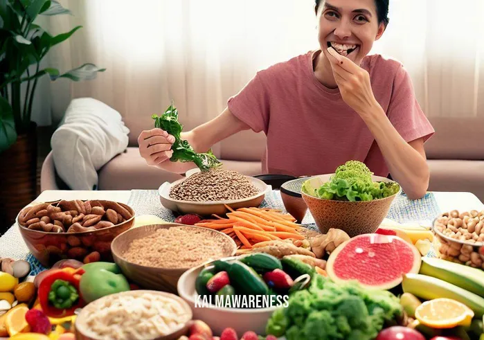 constipation meditation _ Image: A person enjoys a fiber-rich meal with fresh fruits, vegetables, and whole grains.Image description: A dining table is adorned with a colorful spread of fresh fruits, vegetables, and whole grains. A person, with a contented smile, savors a fiber-rich meal, a vital step towards resolving their constipation issues.