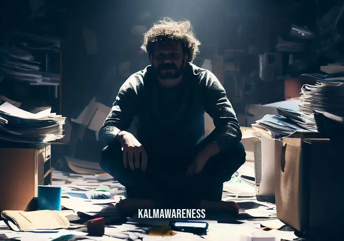 contentment meditation _ Image: A person sitting alone in a cluttered and disorganized room, surrounded by unfinished tasks and a to-do list.Image description: In this image, a person appears overwhelmed by their surroundings, highlighting the feeling of disarray and mental clutter.