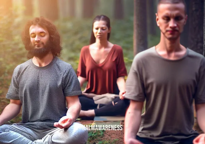 contentment meditation _ Image: A group of friends meditating together in a tranquil forest clearing, their faces relaxed and smiles of contentment on their faces.Image description: In this image, the group of friends experiences a sense of unity and harmony as they meditate amidst the beauty of nature.