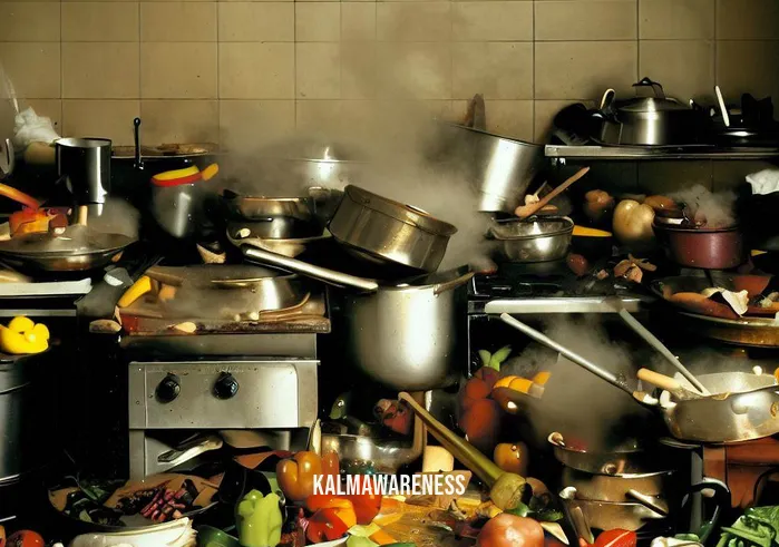 cooking meditation _ Image: A cluttered, chaotic kitchen with ingredients scattered everywhere, pots and pans in disarray.Image description: The kitchen is a mess, a battlefield of culinary chaos, with vegetables strewn about and pots boiling over.