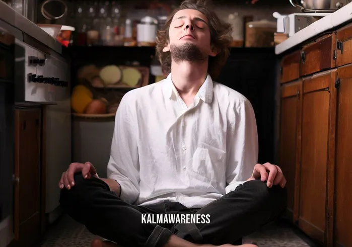 cooking meditation _ Image: The same person now sits cross-legged on the kitchen floor, eyes closed, taking deep breaths, finding inner calm amidst the culinary storm.Image description: Seated on the kitchen floor, eyes closed, the person has found inner calm through deep breaths amidst the culinary storm.