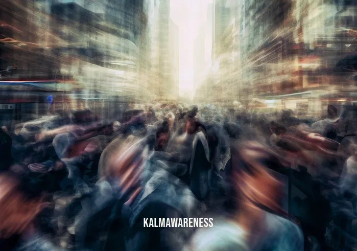 core energy meditation _ Image: A chaotic, bustling city street with people hurrying in all directions, faces filled with stress and tension.Image description: The cityscape is overwhelmed with the fast-paced life, symbolizing the stress and chaos that people often experience in their daily routines.