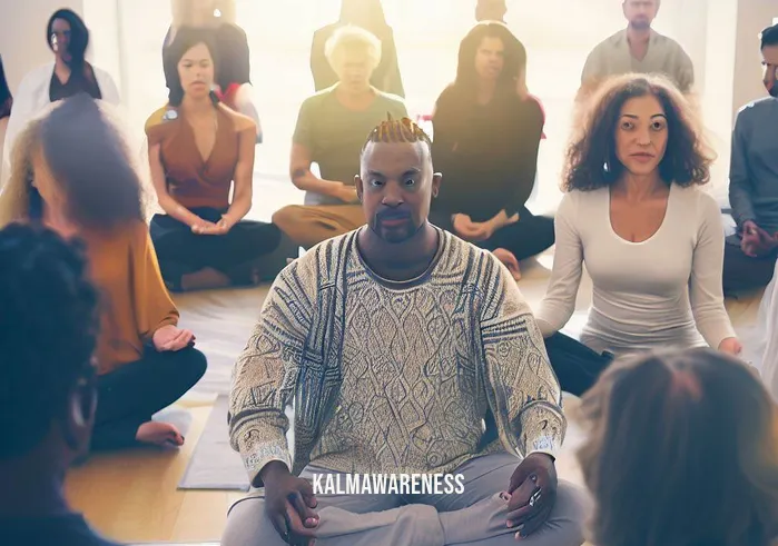 core energy meditation _ Image: A group of diverse individuals gathering in a peaceful meditation hall, all seated in a circle, eyes closed, as their energies harmonize.Image description: Unity prevails as a community of meditators join forces, harnessing their core energy to create a collective sense of tranquility and interconnectedness.