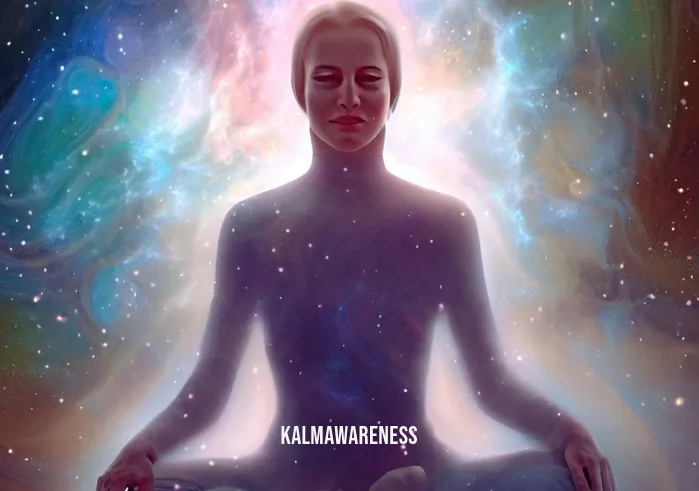 cosmic energy meditation _ Image: The person meditating, now with a serene smile, surrounded by a soothing cosmic aura. Image description: A serene smile graces their face as they meditate, enveloped by a calming cosmic aura.