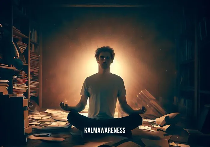 cosmic meditation _ Image: A dimly lit room with scattered books and a person sitting cross-legged, looking restless and distracted.Image description: In a cluttered space, a person seeks cosmic meditation but struggles with inner chaos.