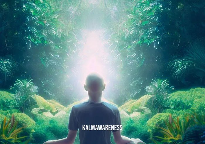 cosmic meditation _ Image: The same person now sits in a serene garden, surrounded by lush greenery, trying to focus, but their mind is still wandering.Image description: Amidst nature
