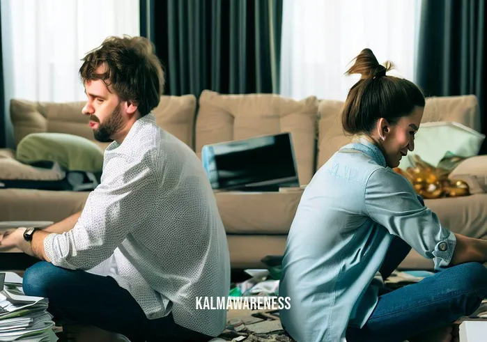 couple meditating _ Image: A cluttered living room with a couple sitting back-to-back, looking stressed and overwhelmed by their busy lives.Image description: A young couple, seated on the floor, surrounded by scattered papers, a laptop, and unwashed dishes, appear tense and disconnected.