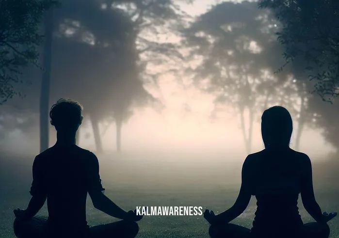 couple meditating _ Image: A serene park at dawn, the couple now facing each other, beginning to meditate, finding a quiet moment amidst nature