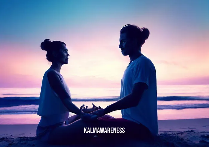 couple meditating _ Image: A vibrant beach at sunset, the couple practicing partner meditation, their connection stronger as they embrace the serene surroundings.Image description: On a picturesque beach at dusk, the couple meditates together, their hands gently touching, completely at ease in each other