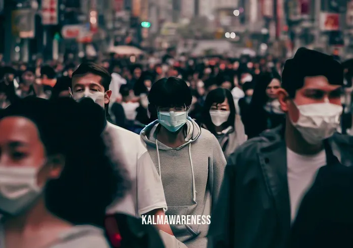 covid meditation _ Image: A crowded, bustling city street with people wearing masks, looking anxious.Image description: Amidst the hustle and bustle of a busy city, pedestrians navigate the streets, their faces concealed by masks, reflecting the anxiety of the COVID-19 pandemic.