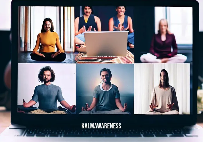 covid meditation _ Image: A virtual meditation group on a video call, people from diverse backgrounds connecting online for mindfulness.Image description: On a computer screen, a diverse group of individuals gather virtually, united by a shared pursuit of mindfulness through meditation.