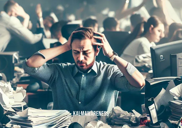 creative silence _ Image: A cluttered and noisy office space filled with employees talking on the phone, typing on their keyboards, and holding animated discussions. The atmosphere is chaotic, with papers strewn about and a general sense of disarray.Image description: In the midst of the bustling office, a frustrated employee sits at their desk, hands covering their ears, attempting to block out the noise. Their facial expression conveys distress and a longing for quietude.