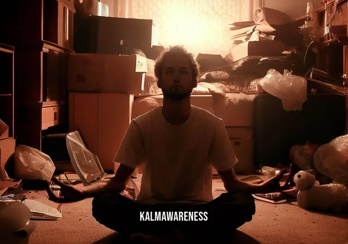crystal bowl meditation _ Image: A person sitting cross-legged in the same room, trying to meditate amidst the chaos. Image description: A person sitting cross-legged on the floor, attempting to meditate amidst the cluttered and chaotic room.