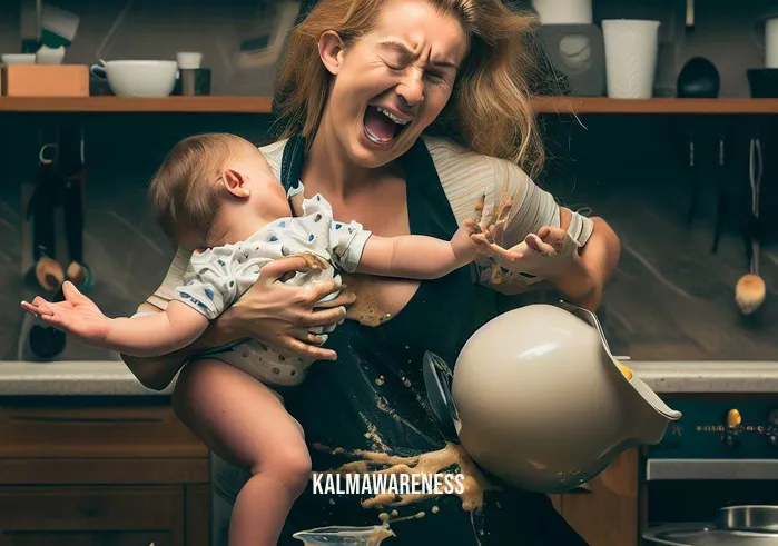 daily meditations for moms _ Image: A frazzled mom in a cluttered kitchen, juggling a crying baby in one arm while trying to prepare breakfast with spilled cereal on the floor.Image description: Morning chaos as a tired mom multitasks amidst the mess, her patience wearing thin as she attempts to soothe her upset child.