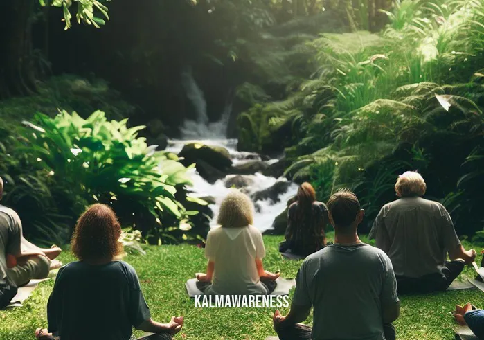 dance meditation _ Image: A serene natural setting, with participants sitting cross-legged on the grass, eyes closed, surrounded by lush greenery and the sound of flowing water.Image description: As the meditation session progresses, participants find solace in nature, sitting peacefully and beginning to let go of their worries.