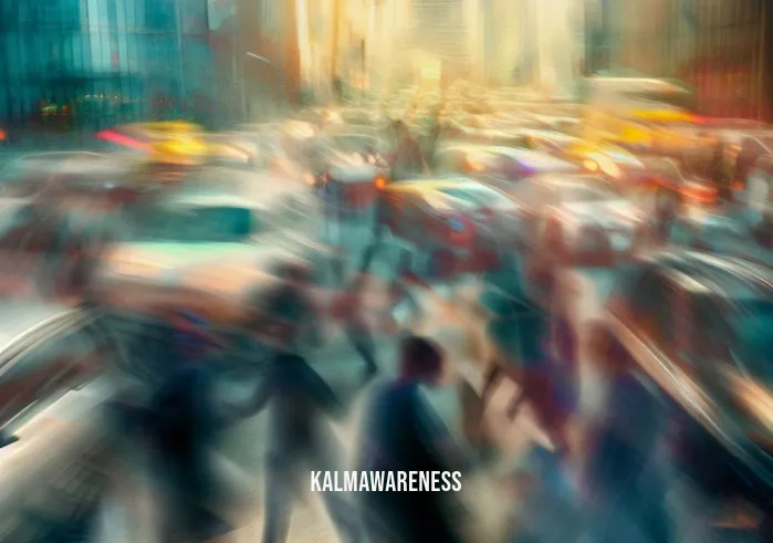 deep rest meditation _ Image: A bustling cityscape, with people rushing around and traffic jams clogging the streets.Image description: A chaotic urban scene with stressed individuals caught in the hustle and bustle of modern life.