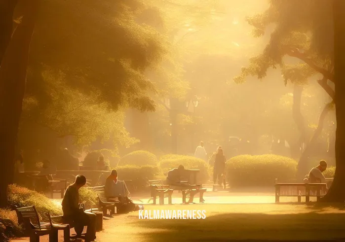 deep rest meditation _ Image: A serene park, bathed in warm sunlight, where a few people sit on benches looking exhausted.Image description: A tranquil park setting, but people appear fatigued and drained, seeking respite from their hectic lives.