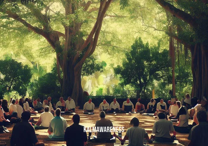 deep rest meditation _ Image: A group of people in a peaceful meditation circle under the shade of tall trees.Image description: A gathering of individuals, sitting in a circle, practicing deep rest meditation amidst nature.