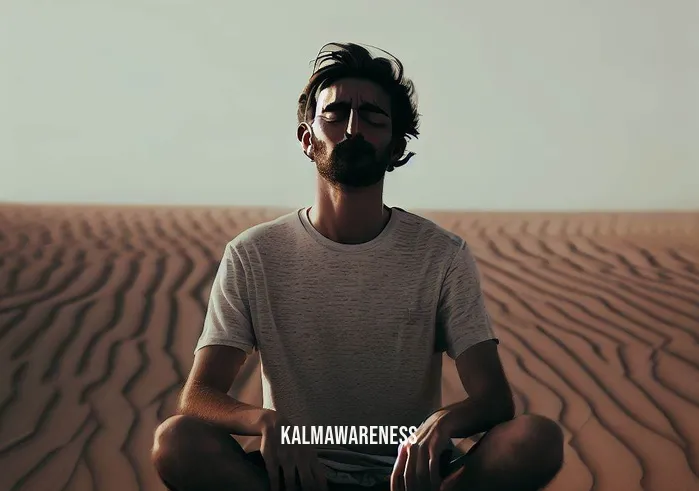 desert meditation _ Image description: Our protagonist sits cross-legged in the sand, eyes closed, and face serene. They are deep in meditation, surrounded by the solitude of the desert.