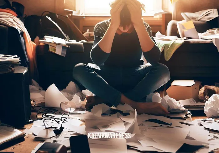 detachment meditation _ Image: A cluttered, messy room with scattered papers, gadgets, and a stressed individual surrounded by chaos.Image description: A person sits amidst the disarray, looking overwhelmed, their hands on their head, struggling to focus or find peace.