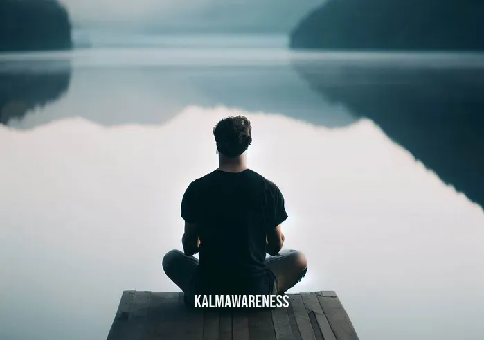 detachment meditation _ Image: A serene outdoor scene, a tranquil lake with a person sitting cross-legged on a dock, gazing at the water.Image description: The individual has their eyes closed, hands resting on their knees, showing signs of concentration and the beginnings of detachment from worldly distractions.