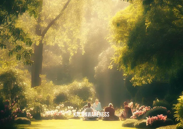 dhamma sukha _ Image: A serene, sunlit park with a small group of people sitting in meditation, surrounded by lush greenery and blooming flowers.Image description: In a tranquil park, a small group of people sits peacefully in meditation, finding solace amidst the beauty of nature.