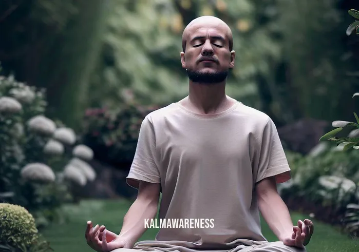 dhammakaya meditation _ Image: The same person has now moved to a peaceful garden, sitting cross-legged with closed eyes, meditating.Image description: The individual has found solace in a serene garden, sitting cross-legged with closed eyes, deeply immersed in Dhammakaya meditation.