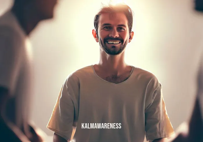 dhammakaya meditation _ Image: The person is seen smiling and interacting harmoniously with others in a meditation group.Image description: With a peaceful smile, the individual now engages harmoniously with others in a group meditation, radiating positivity and calm.