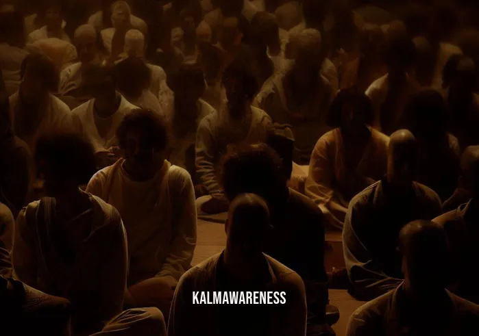 dhammasukha _ Image: A dimly lit meditation hall with people sitting in various postures, their faces filled with tension.Image description: The meditation hall is crowded, and the practitioners appear restless, struggling to find inner peace amidst the chaos.