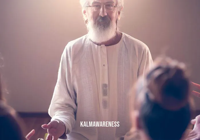 dhammasukha _ Image: A wise-looking meditation teacher guides the group, offering instructions and support in a calm and reassuring manner.Image description: The teacher