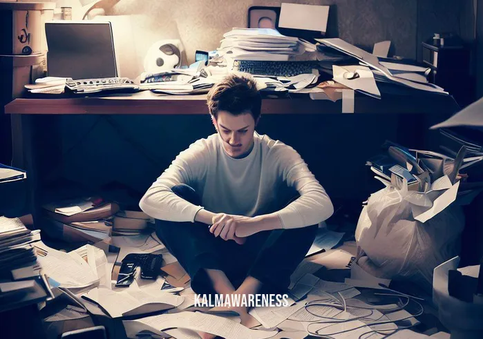 is meditation a ritual _ Image: A cluttered and chaotic room with scattered papers, electronic devices, and an anxious person sitting amidst the mess, looking stressed and overwhelmed.Image description: The room is in disarray, reflecting the person