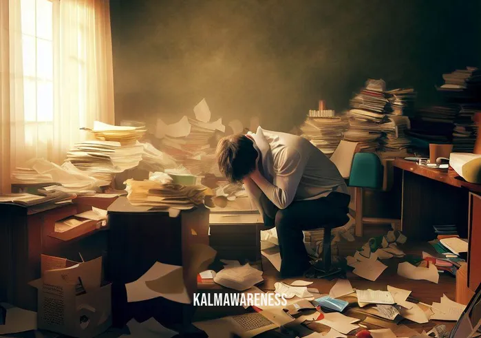 dharma ocean meditation _ Image: A chaotic, cluttered room with scattered papers, an overflowing inbox, and a stressed individual hunched over a desk.Image description: The starting point, a cluttered workspace overwhelmed by distractions and stress.