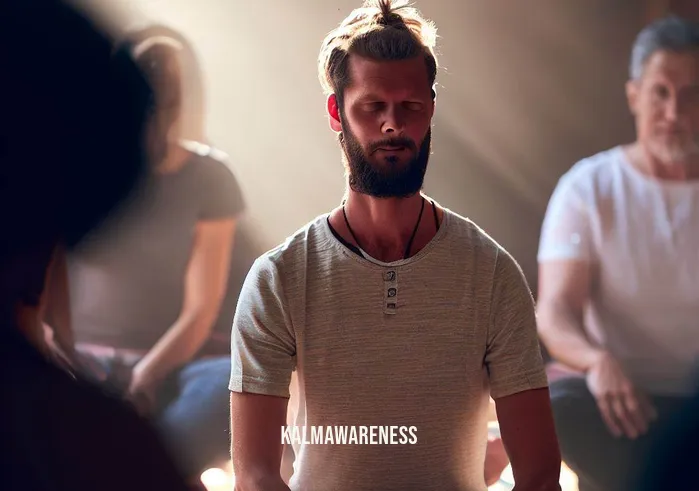 dharma ocean meditation _ Image: The person sits in meditation, their face serene and focused, amidst a group of like-minded individuals in a meditation retreat setting.Image description: In a supportive community, the meditator experiences a deeper connection to their practice.