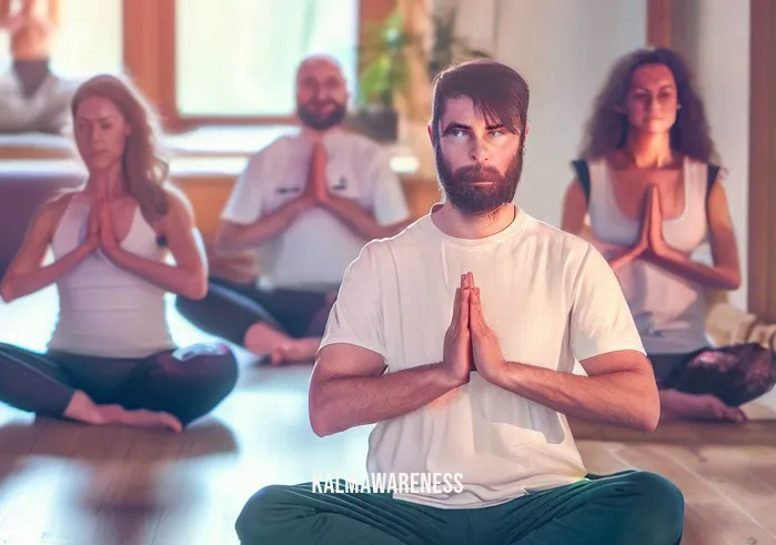 dhyani mudra _ Image: A yoga studio with a group of people participating in a meditation class, all in the dhyani mudra.Image description: Inside a serene yoga studio, a diverse group of individuals meditating with their hands in the dhyani mudra, seeking inner peace and unity.